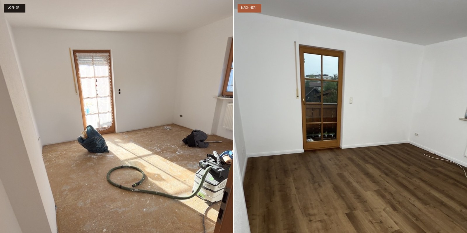 Vorher/Nachher: Dachgeschosswohnung nach Auszug mit Vinylboden und neu gestrichenen Wänden vermietbar gemacht im Münchner Süden, renoviert von Opus Renovierungen