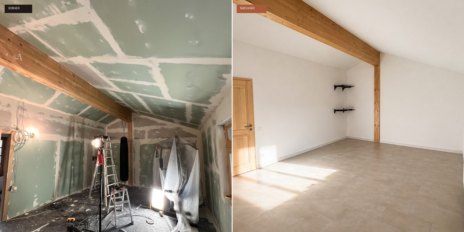 Vorher/Nachher: Trockenbauausbau eines ungenutzten Dachgeschosses zu Wohnraum im Münchner Süden, ausgebaut von Opus Renovierungen